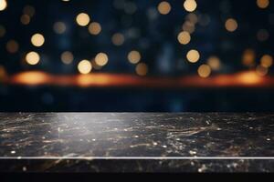 Modern empty dark marble table top or kitchen island on blurry bokeh kitchen room interior background. for montage product display. AI Generated photo