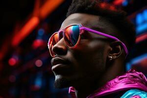 The retro wave or synth wave portrait of a young happy serious African man at studio. AI Generated photo