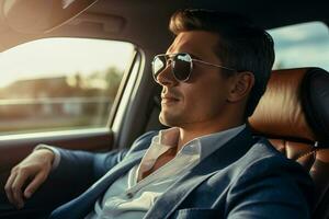 Attractive elegant happy man in good car. AI Generated photo