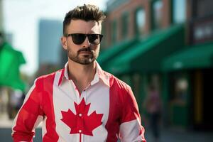 man wearing a canadian flag shirt with a green shirt. AI Generated photo