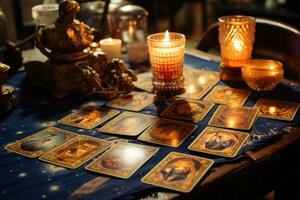 Tarot cards on wooden table. Fortune telling and reading future. Generative AI photo