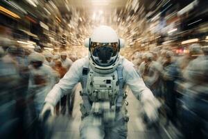 Astronaut wearing space suit at crowded street in rush hour. Generative AI photo