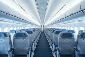 Empty passenger seats in cabin of the aircraft. Plane interior. Generative AI photo