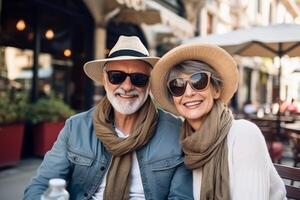 A happy seniors couple in traveling . photo