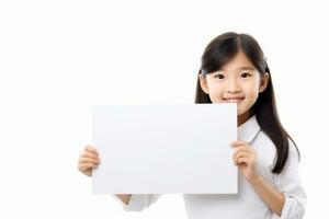 Happy asian scholl girl holding blank white banner sign, isolated studio portrait. AI Generated photo