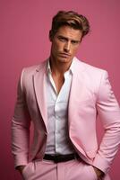 Portrait of fashion caucasian male model on pink background. AI Generated photo