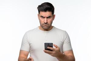 man with phone on white background. photo