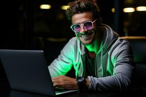 Positive emotions. Man in glasses is sitting by the laptop in dark room with neon lighting. AI Generated photo