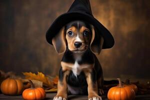 super cute beagle with a witches hat halloween background. photo