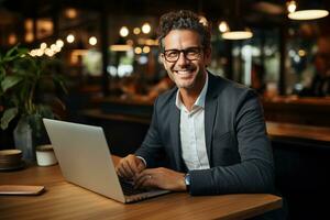 Satisfied young man with glasses sitting at a desk and doing paperwork at his workplace. AI Generated photo