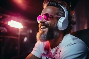 Neon portrait of bearded smiling man in headphones, sunglasses, white t-shirt. Listening to music. AI Generated photo