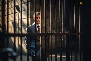 The businessman got out of prison with his things and is thinking about what to do next. A man stands near the exit from the prison. photo