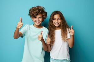 Portrait of teenagers showing thumb-up on color background. AI Generated photo