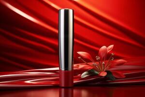 Metallic tube for hand cream, photographic style, red background. photo