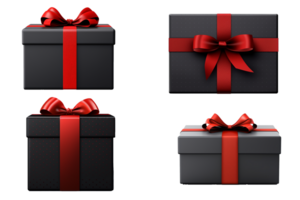 set of realistic black gift box with red ribbon isolated on white background. Generative AI png