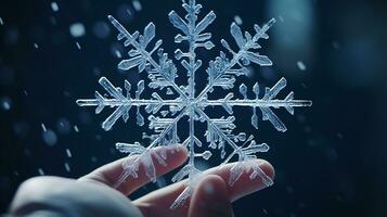 macro view of snowflake illustration fallen snow catching by hand. Generative AI photo