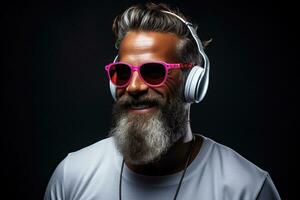 Neon portrait of bearded smiling man in headphones, sunglasses, white t-shirt. Listening to music. AI Generated photo