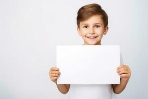 Happy Scholl girl holding blank white banner sign, isolated studio portrait. AI Generated photo