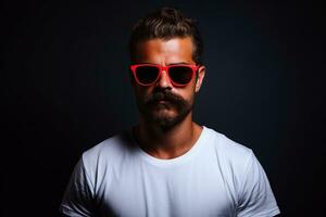 Neon light studio close-up portrait of serious man model with mustaches and beard in sunglasses and white t-shirt on dark studio background. AI Generated photo