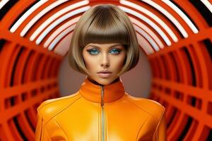Portrait of fashion caucasian model, in style of futurism fashion, saturated color . AI Generated photo