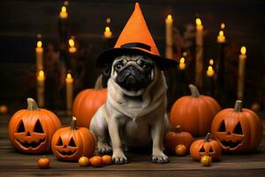 Pug dressed in a jack lantern costume and a hat sits on a floor. AI Generated photo