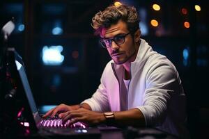 Positive emotions. Man in glasses is sitting by the laptop in dark room with neon lighting. AI Generated photo