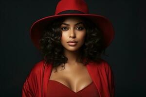 Portrait of beautiful sexy black female model wearing red sweater and jacket in studio with dark background. AI Generated photo