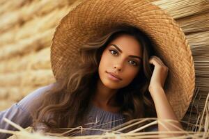 beautiful tanned girl who lies on a wheat field holding straw hat that covers her body, she looks at camera with serious face. AI Generated photo