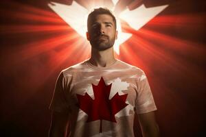 un hombre vistiendo un tee camisa con un canadiense bandera en él. ai generado foto