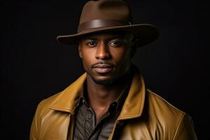 Portrait of a dark-skinned handsome man looking to the side. Dressed in a brown jacket and black hat. Portrait on black background. AI Generated photo