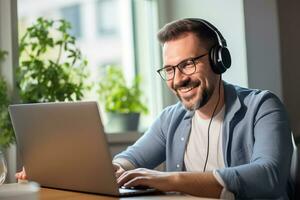 Man having discussion or web conference chat. Work or study from home, freelance, online video conferencing, e-learning, web chat meeting, distance education. AI Generated photo