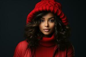 Portrait of beautiful sexy black female model wearing red sweater and jacket in studio with dark background. AI Generated photo