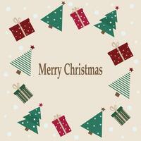 Merry Christmas card with Christmas trees and gift boxes. vector