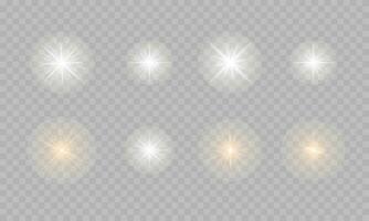 Set of shining stars, bright flashes of lights with radiant light on a checkered background. Transparent glowing light effects in vector. vector