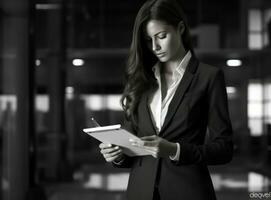 Woman sitting with clipboard and pen on gray background photo