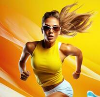 Young sport girl on yellow background photo