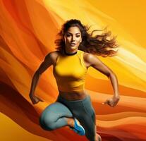 Young sport girl on yellow background photo