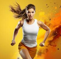 Young sport girl on yellow background photo