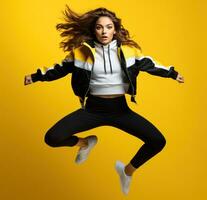 A teenage girl jumping in sports clothing on yellow background photo