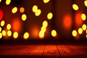 festive background with blurry lights, empty wooden table in foreground with bright candlelight bokeh on dark blurred backdrop, Illustration photo