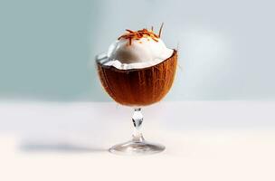 Dessert in coconut. Coconut ice cream in a glass on a light background. Coconut yogurt. photo