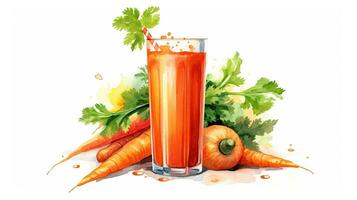 Watercolor bunch of carrots and a glass of carrot juice isolated on white background illustration. Hand drawn watercolor illustration on white. photo