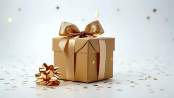 Golden gift box with golden bow and confetti on light background. photo