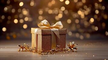 un regalo en un atractivo regalo caja con un dorado seda arco en un antecedentes de bokeh luces. foto