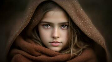retrato linda niña marrón cabello, ai generativo ilustración foto
