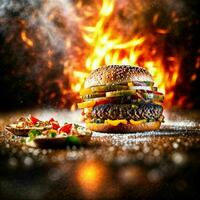 photo close up of big juicy double cheese and beef hamburger on old wooden Board with black background and smoke, generative AI