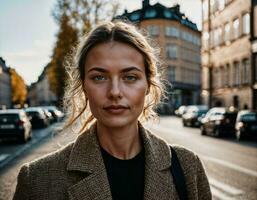 foto de hermosa europeo mujer caminando en calle y edificio retro estilo, generativo ai