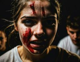 foto grupo de rabia enojado Adolescente Universidad niña luchando el otro con herida en rostro, generativo ai
