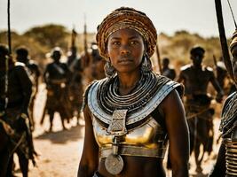 foto de africano mujer tribal guerreros con armadura, generativo ai