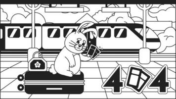 Traveler rabbit on station black white error 404 flash message vector